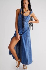 Free People We The Free Time After Time Blue Denim Dress Button Front Tie Strap