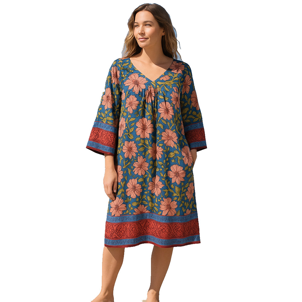 NEW Easel Oversized Small Multi-Color Floral Dress 3/4 Wide Sleeves BOHO Resort