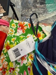 Boston Proper NWT Tropical Print Dress Ruched Bodice Navy Blue Size S