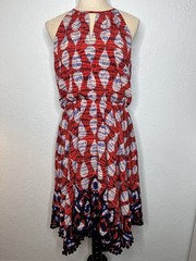 Maggy London Red Blue Geometric Pom Pom Trim Halter Sleeveless Midi Dress 8P