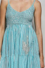 Women&rsquo;s Blue White Striped Smocked V-Neck Strappy A-Line Knee Dress One Size