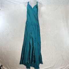 Vtg Niteline Dress Womens 10 Blue Satin Maxi V Neck Pleated Silk Y2K 90s Formal