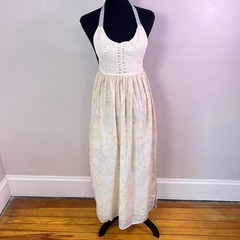 Zara Halter Maxi Dress XS Cream Paisley Crochet Boho Cottagecore Summer Slit