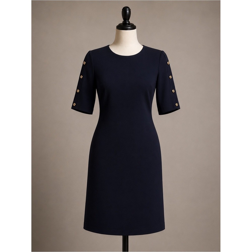 Tommy Hilfiger Dark Navy Blue Split Cold Shoulder Button Sleeve Sheath Dress 4