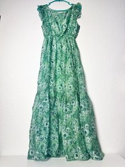 Le Ragazze Green Maxi Silk Dress Italy Small Floral Cap Sleeve Lined Stretch