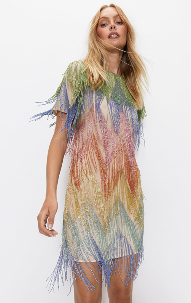 Warehouse nude Rainbow Beaded Fringe Shift Dress 20s style flapper size 12 bnwt