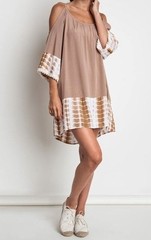 New Boho Women&rsquo;s Taupe Tie Dye Cold Shoulder Beach Dress S M L Vacation Bohemian