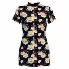 DICE SOFT BLACK FLORAL ROSE PRINTED MINI SHIRT DRESS MOCK NECK KEYHOLE SIZE XL