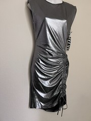 Metallic Silver Bodycon Party Dress Ruched Side Size Medium Sleeveless NWT Party