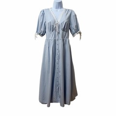 Bohme Romy Lace Trim Milkmaid Button Front Bow Midi Dress Size M Blue Cottage
