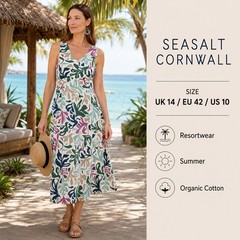 Seasalt Cornwall Dress Womens 10 White Multi Organic Cotton Midi V-Neck Coastal