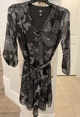 IZ BYER DRESS Sz S BLACK w/WHITE FLORAL PATTERN 3/4 Lgth Sheer Long Sleeve NEW
