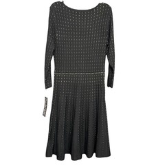 Nina Leonard Black Camel Dot Knit Fit Flare Midi Dress 3/4 Sleeve Size S
