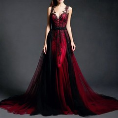 Burgundy Black Quinceanera Dress Spaghetti Tulle Lace Applique Floor Length Gown