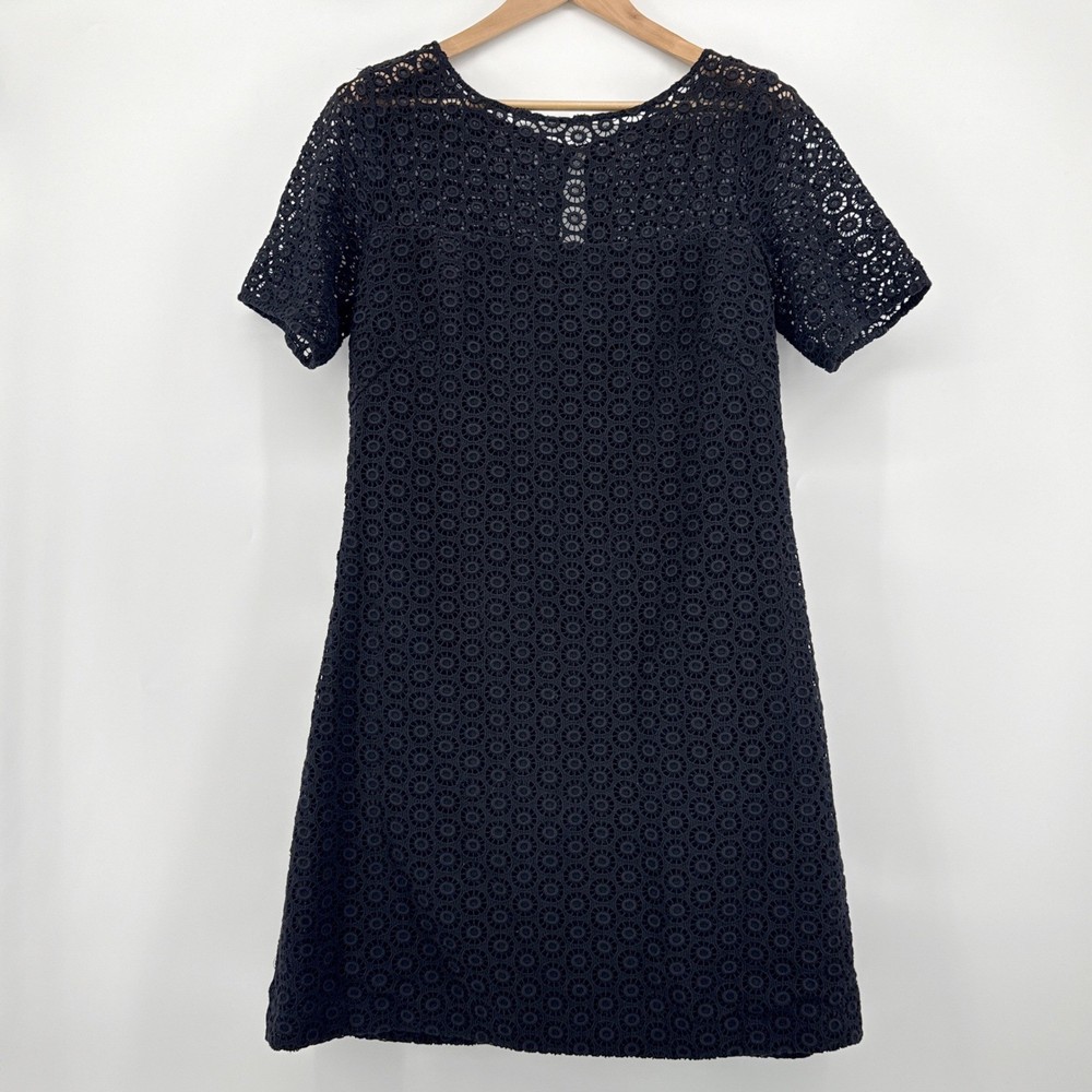 Lilly Pulitzer Black Lace Sheath Dress Short Sleeve Button Neck SZ 10 Silk Lined