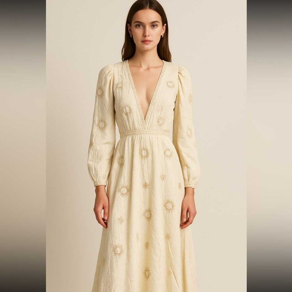 New Amarante Do Brasil Long Sleeve Embroidered Open Back Maxi Dress