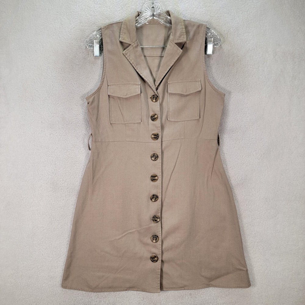 Beige Collared Button Front Pocket Micro Mini Shirt Womens Dress Size M