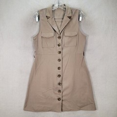 Beige Collared Button Front Pocket Micro Mini Shirt Womens Dress Size M