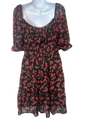 Altar&rsquo;d State Black Red Floral Dress Womens Xlg Tiered Smocked Cottagecore Femi