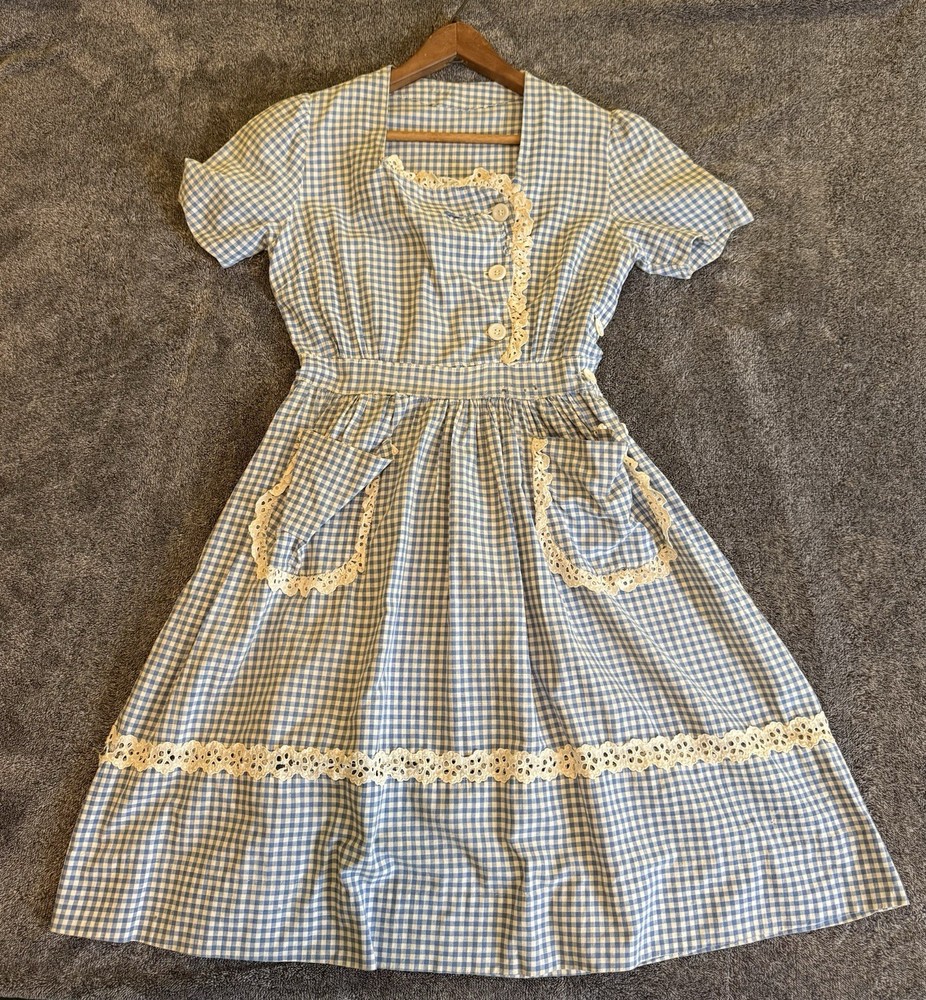 True VTG 30&rsquo;s 40&rsquo;s Blue White Gingham & Lace Farm Prairie Dress Pockets Sz S/XS