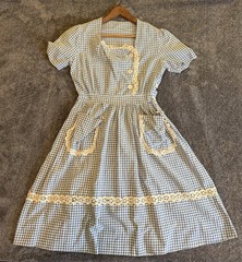 True VTG 30&rsquo;s 40&rsquo;s Blue White Gingham & Lace Farm Prairie Dress Pockets Sz S/XS