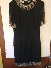 Vtg LAWRENCE KAZAR Womens Size L, Beaded Silk Dress, Black. Gold, Party, #908