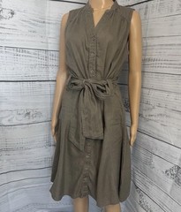 Malvin 100% Linen Sleeveless Button Midi Dress S Gray Belted Fit Flare Casual