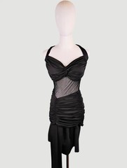 Black Halter Ruched Mini Dress Sheer Mesh Panel Bodycon Cocktail M