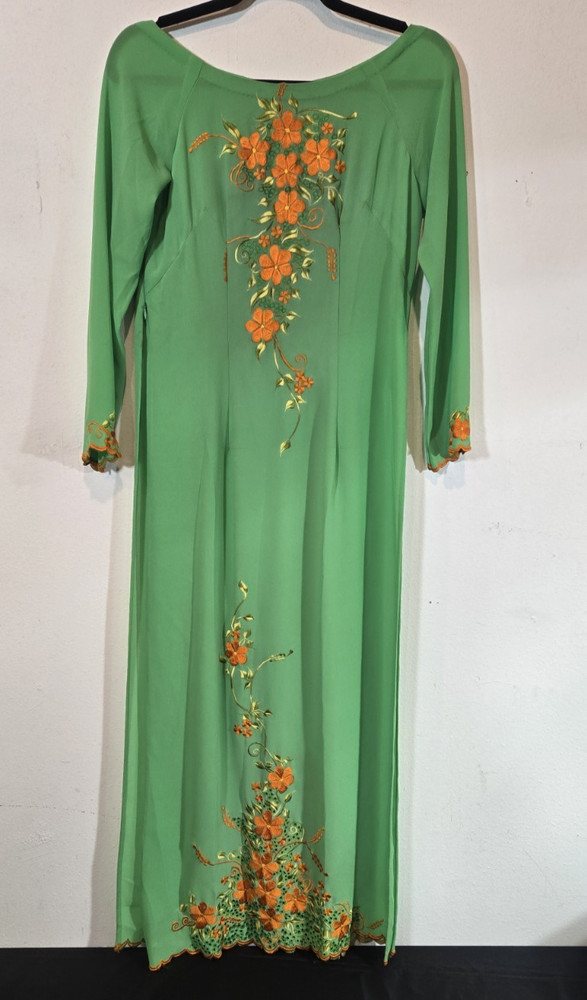 Unbranded Green Spring Side Split Dress With Floral Embroidery
