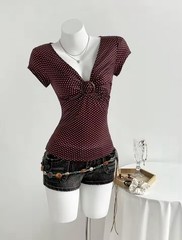 Women Brown Polka Dot V-Neck Cap Casual Rouched Top Cap Sleeve Stretchable