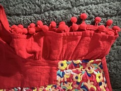 Kirundo Embroidered Boho Mini Dress Red Pom Pom Flutter Sleeve Ruffle Hem Size L
