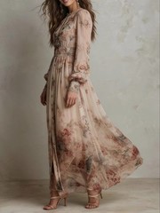 Retro Chiffon Printed Crew-Neck Long-Sleeve Pleated Waist Floral Dress++-