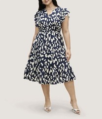 BloomChic Notched Leopard Print Cap Sleeve Ruffle Dress Navy 14-16 XL Animal