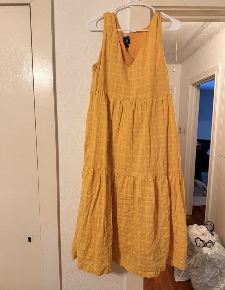 Gap Yellow Solid Sleeveless V-Neck Shift Dress linen Size M