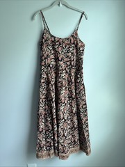 Kessa Indian Handmade Block Print Cotton Floral SunDress Pockets Shirred Back L