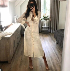 ZARA CREAM EMBROIDERED CUTWORK Long Sleeve Midi Dress size S 8 10 4786/109