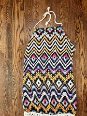 Creabygirls Multicolor Geometric Crochet Halter Tie Fringe Dress Sleeveless Knee