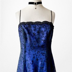 Vintage Y2K 90s Black Blue Velvet Mesh Glitter Fit Flared Maxi Prom Dress Size M