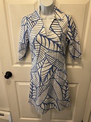 J. McLaughlin White W/ Blue Print 3/4 Sleeve Dress Crisp Cotton& Spandex Sz 2