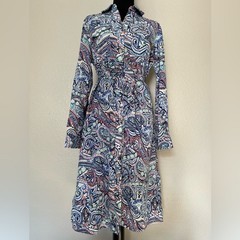 NWT NY Collection Paisley Button-Front Belted Midi Dress Blue Red Size M