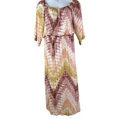 LASCANA for VENUS Tie Dye Maxi Dress Off Shoulder Elastic Waist 3/4 Sleeve