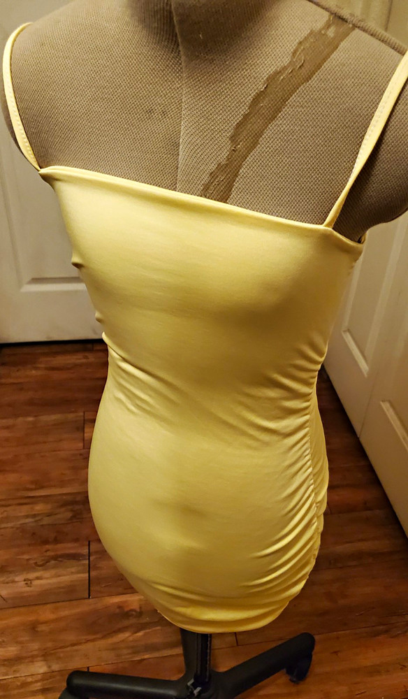 Yellow Solid Ruched Bodycon Mini Dress XS Spaghetti Strap Stretch Knit