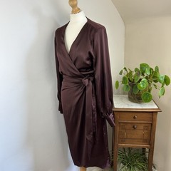 Never Fully Dressed Chocolate Coco Wrap Dress Size 10 Satin Minimalist Elegant