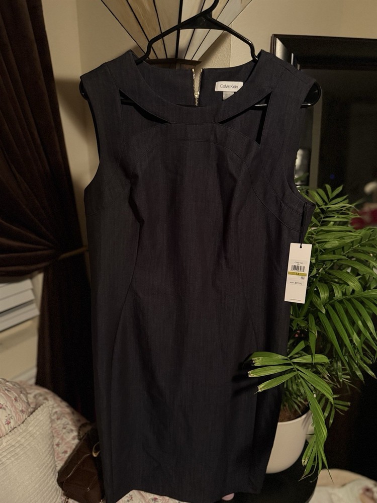 Calvin Klein 14 Blue Solid A-Line Sleeveless Knee Length Zip Dress NWT