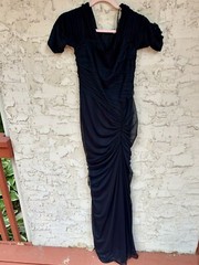 Tadashi Shoji Black DRAPED MESH Ball GOWN Ruched M 3/4 Sleeve Long