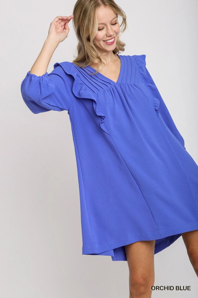 Umgee Orchid Blue Solid Balloon Long Sleeve Dress with Ruffle Details