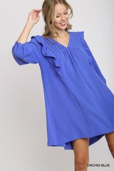 Umgee Orchid Blue Solid Balloon Long Sleeve Dress with Ruffle Details