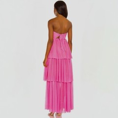 For Love & Lemons Juni Strapless Maxi Dress Medium Dark Pink Tiered Skirt
