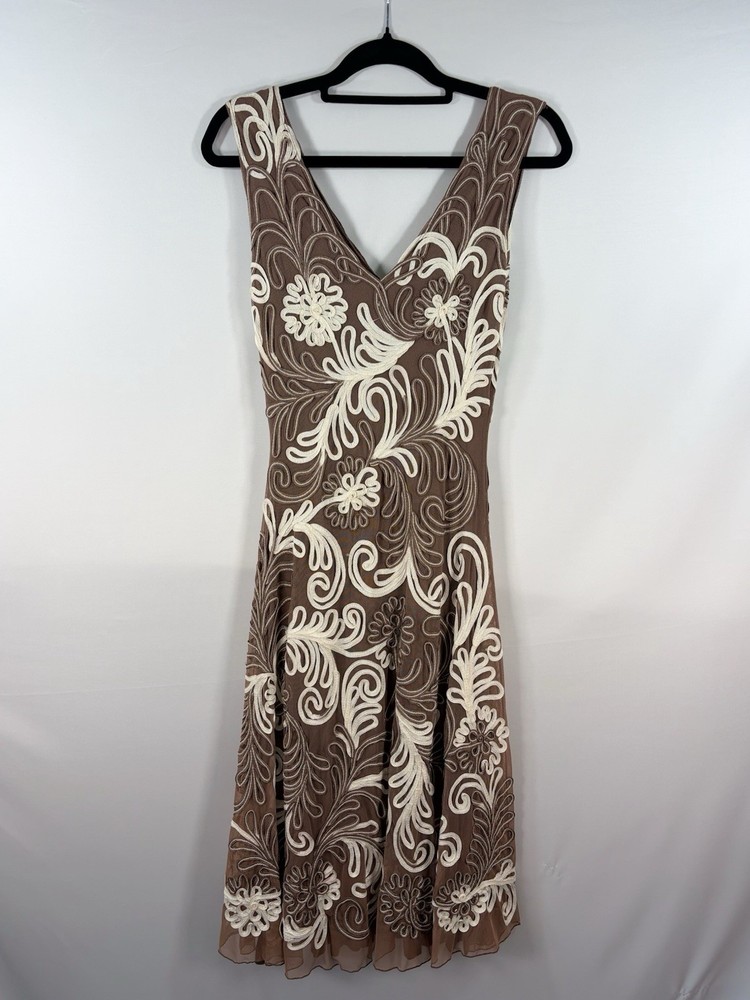 Phase Eight Brown Cream Size 10 Tapework Midi Occasion Dress Sleeveless Summer