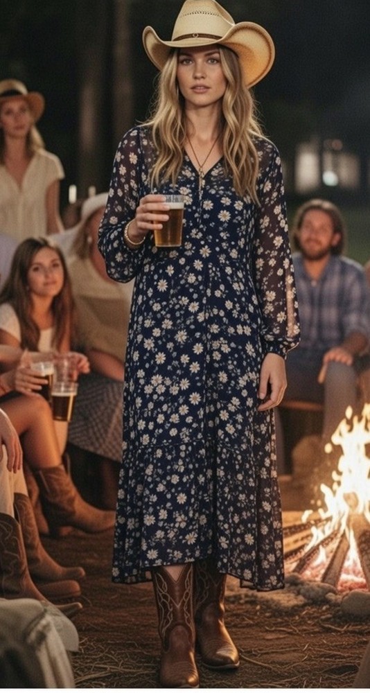 Free People Yellowstone Prairie Western Floral Print Midi Dress Slip Chiffon M
